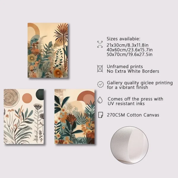 3 stk Lerretsplakater – Moderne Boho Blomstermotiv