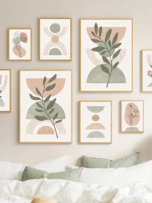 Boho Veggkunst – Grønt Blad, Sol og Regnbue i Geometrisk Stil