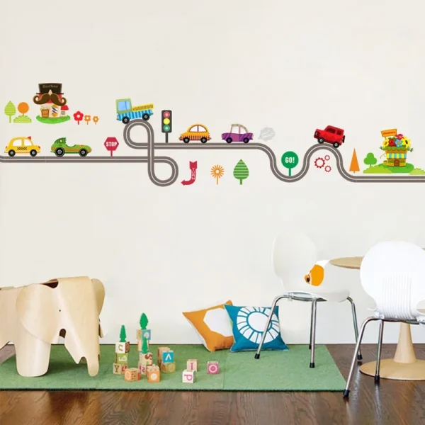Cartoon Highway Track Cars Wall Stickers For Kids Rooms Sticker Children's Play Room Bedroom Decor Wall Art Decals