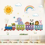 1Pc Cute Sun Rainbow Cartoon Animal Riding Train Wall Stickers for Kids Room