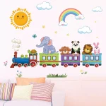 1Pc Cute Sun Rainbow Cartoon Animal Riding Train Wall Stickers for Kids Room