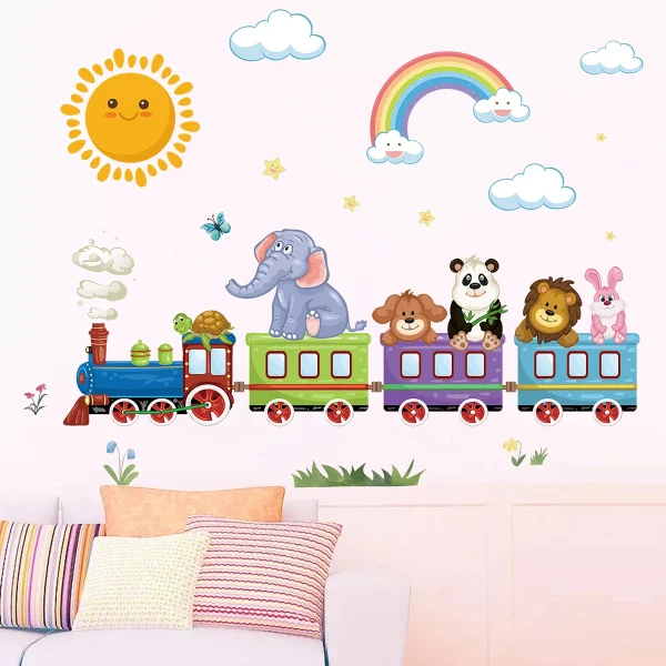 1Pc Cute Sun Rainbow Cartoon Animal Riding Train Wall Stickers for Kids Room