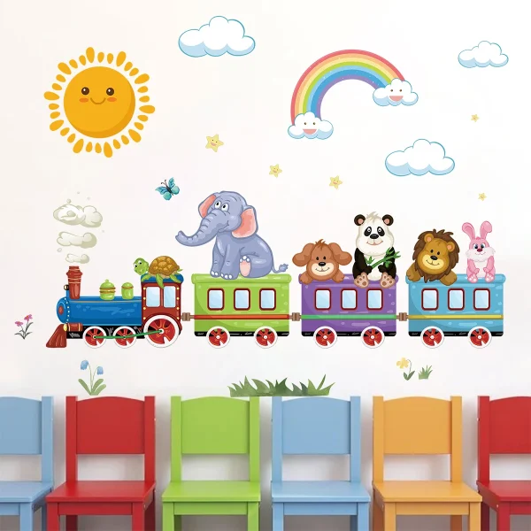 1Pc Cute Sun Rainbow Cartoon Animal Riding Train Wall Stickers for Kids Room