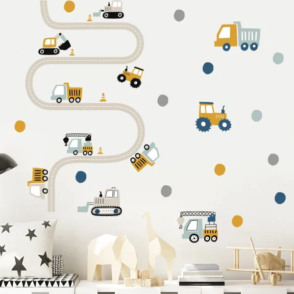 Construction Vehicle Urban build Road Car Dots Watercolor Nursery Stickers