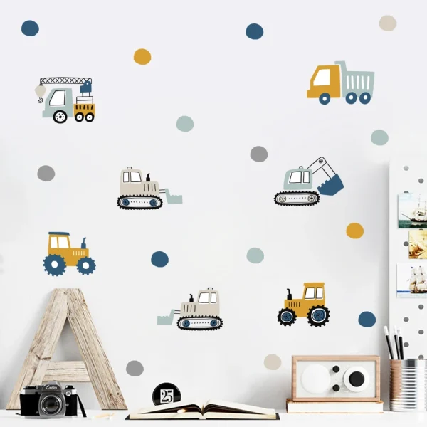 Construction Vehicle Urban build Road Car Dots Watercolor Nursery Stickers