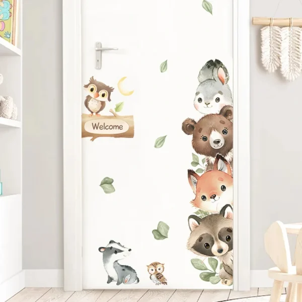 Watercolor Cartoon Forest Animals Bear Rabbit Door Stickers Wall Stickers