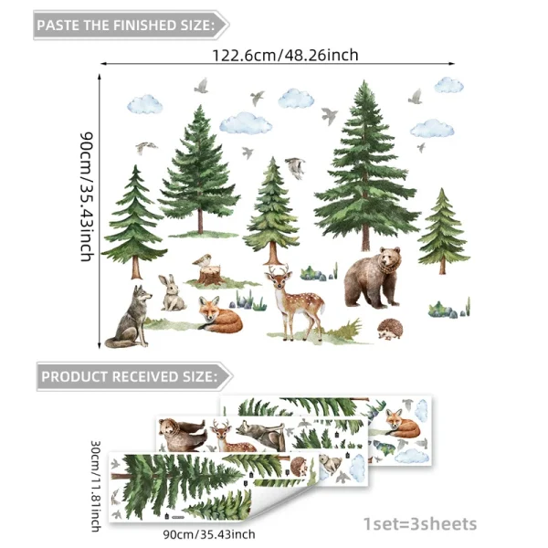 Big Safari Pine Tree Cartoon Fox Deer Wolf Wall Stickers