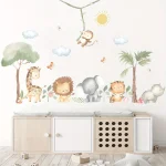 Cartoon Cute Lion Elephant Giraffe Tree Forest Animal Wall Stickers