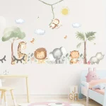 Cartoon Cute Lion Elephant Giraffe Tree Forest Animal Wall Stickers