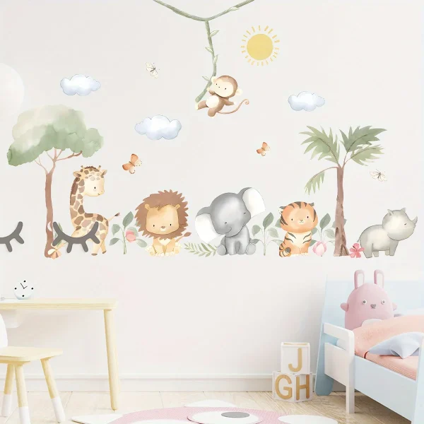 Cartoon Cute Lion Elephant Giraffe Tree Forest Animal Wall Stickers