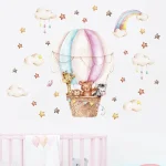 Watercolor Pink Hot Airballoon Cute Animals Cloud Rainbow Wall Sticker