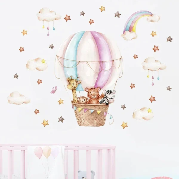 Watercolor Pink Hot Airballoon Cute Animals Cloud Rainbow Wall Sticker