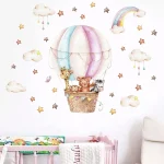 Watercolor Pink Hot Airballoon Cute Animals Cloud Rainbow Wall Sticker