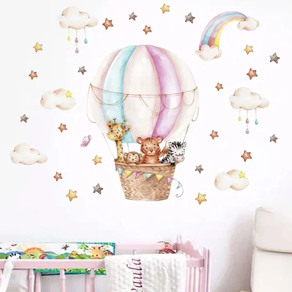 Watercolor Pink Hot Airballoon Cute Animals Cloud Rainbow Wall Sticker
