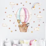 Watercolor Pink Hot Airballoon Cute Animals Cloud Rainbow Wall Sticker
