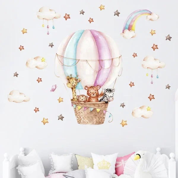 Watercolor Pink Hot Airballoon Cute Animals Cloud Rainbow Wall Sticker