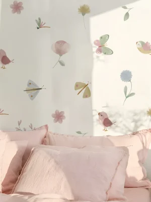 Pink Butterfly Flowers Birds Wall Stickers