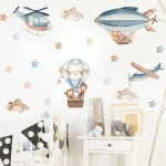 Watercolor Animals Hot Air Balloon Clouds Wall Stickers