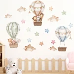 Watercolor Animals Hot Air Balloon Clouds Wall Stickers