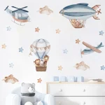 Watercolor Animals Hot Air Balloon Clouds Wall Stickers