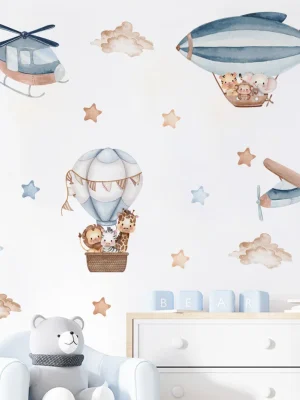 Watercolor Animals Hot Air Balloon Clouds Wall Stickers