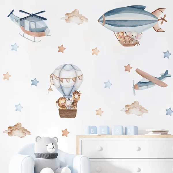 Watercolor Animals Hot Air Balloon Clouds Wall Stickers