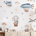 Watercolor Animals Hot Air Balloon Clouds Wall Stickers