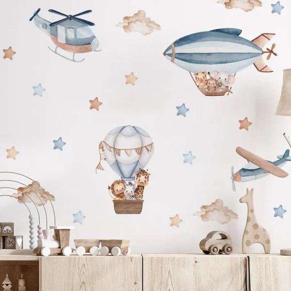 Watercolor Animals Hot Air Balloon Clouds Wall Stickers