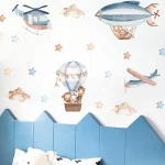Watercolor Animals Hot Air Balloon Clouds Wall Stickers