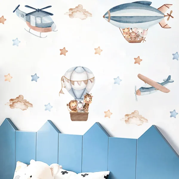 Watercolor Animals Hot Air Balloon Clouds Wall Stickers