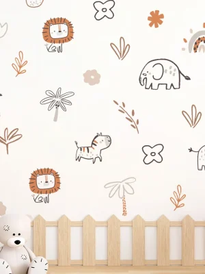 Boho Cartoon Lion Elephant Cute Animal Faces Watercolor Nursery Wall Sticker
