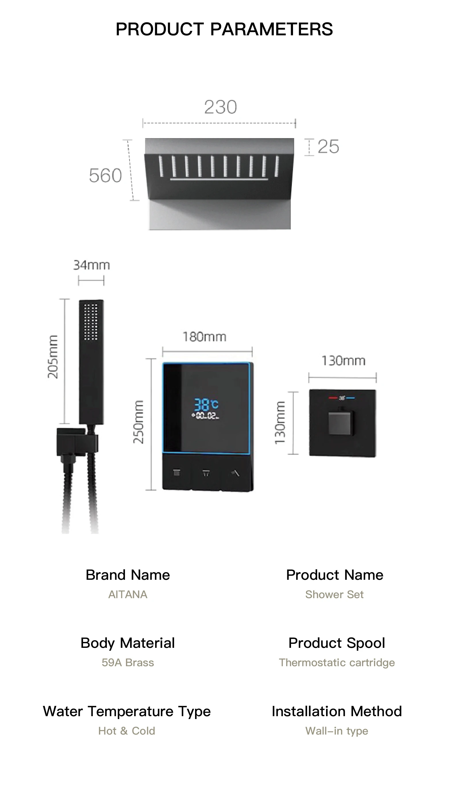 Luksuriøst dusjsystem med LED-display og 3 spraymoduser og anti-skoldingsfunksjon.