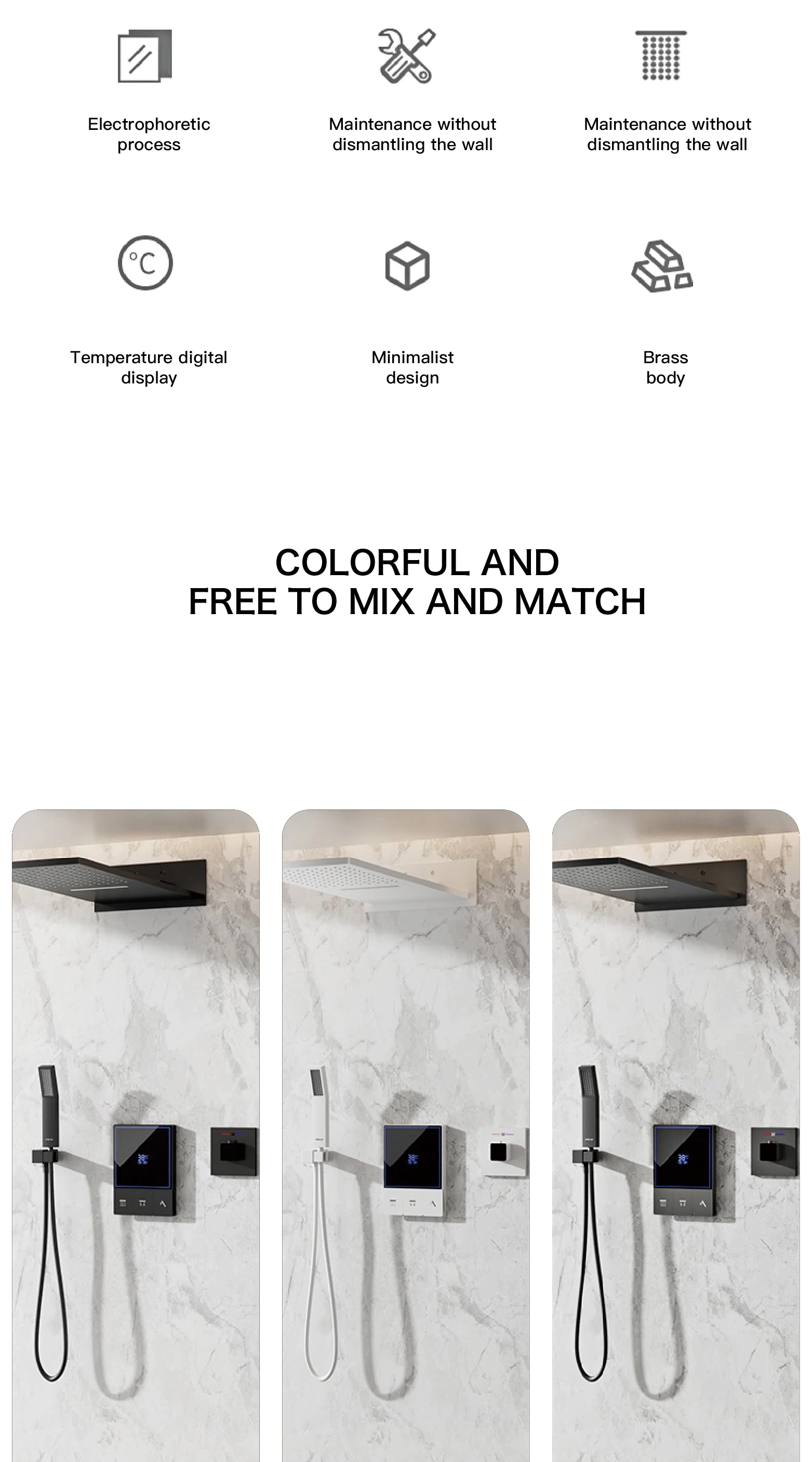Luksuriøst dusjsystem med LED-display og 3 spraymoduser og anti-skoldingsfunksjon.