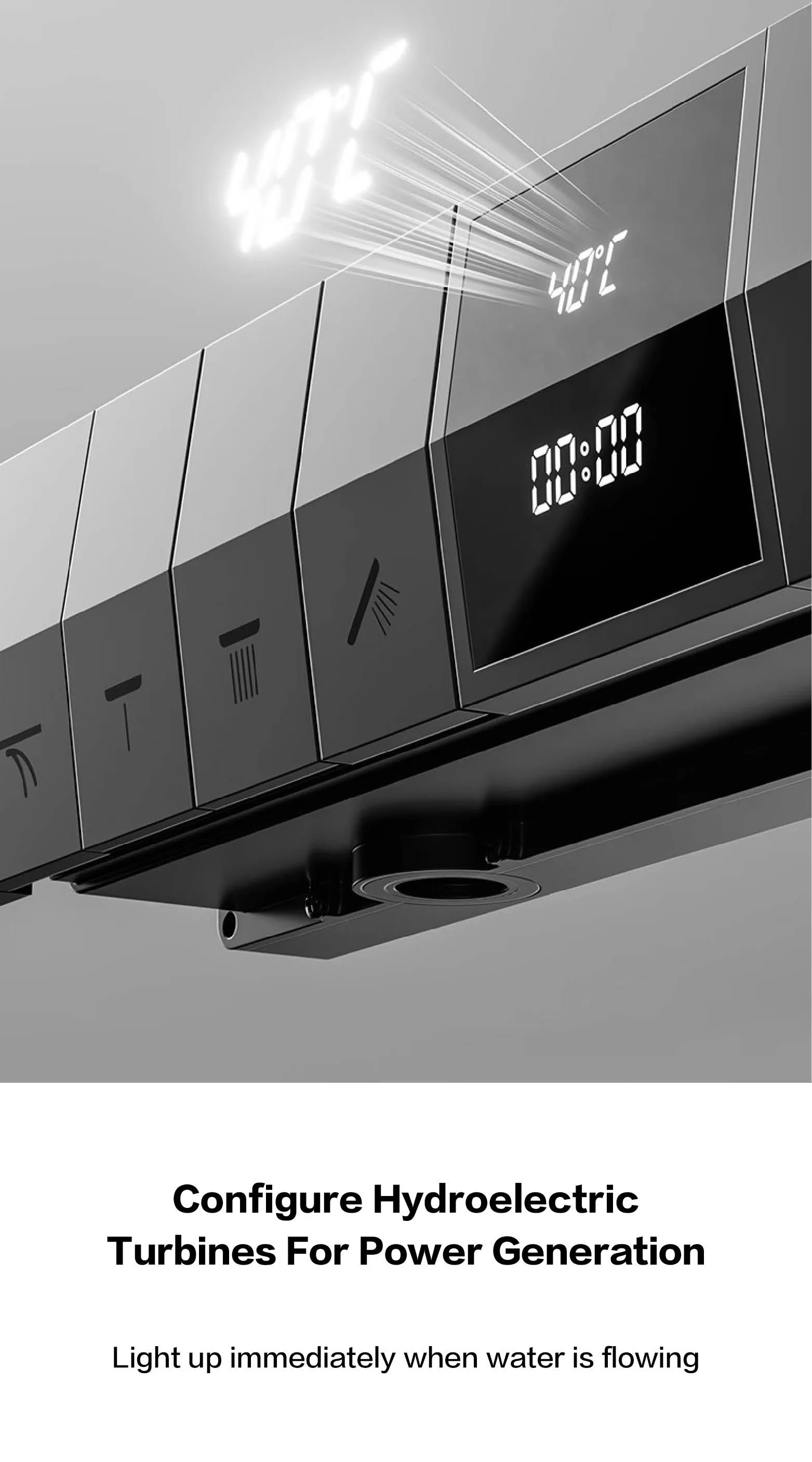 Gestana Veggmontert dusjsystem i pistolgrå messing med konstant temperatur og LED-display.