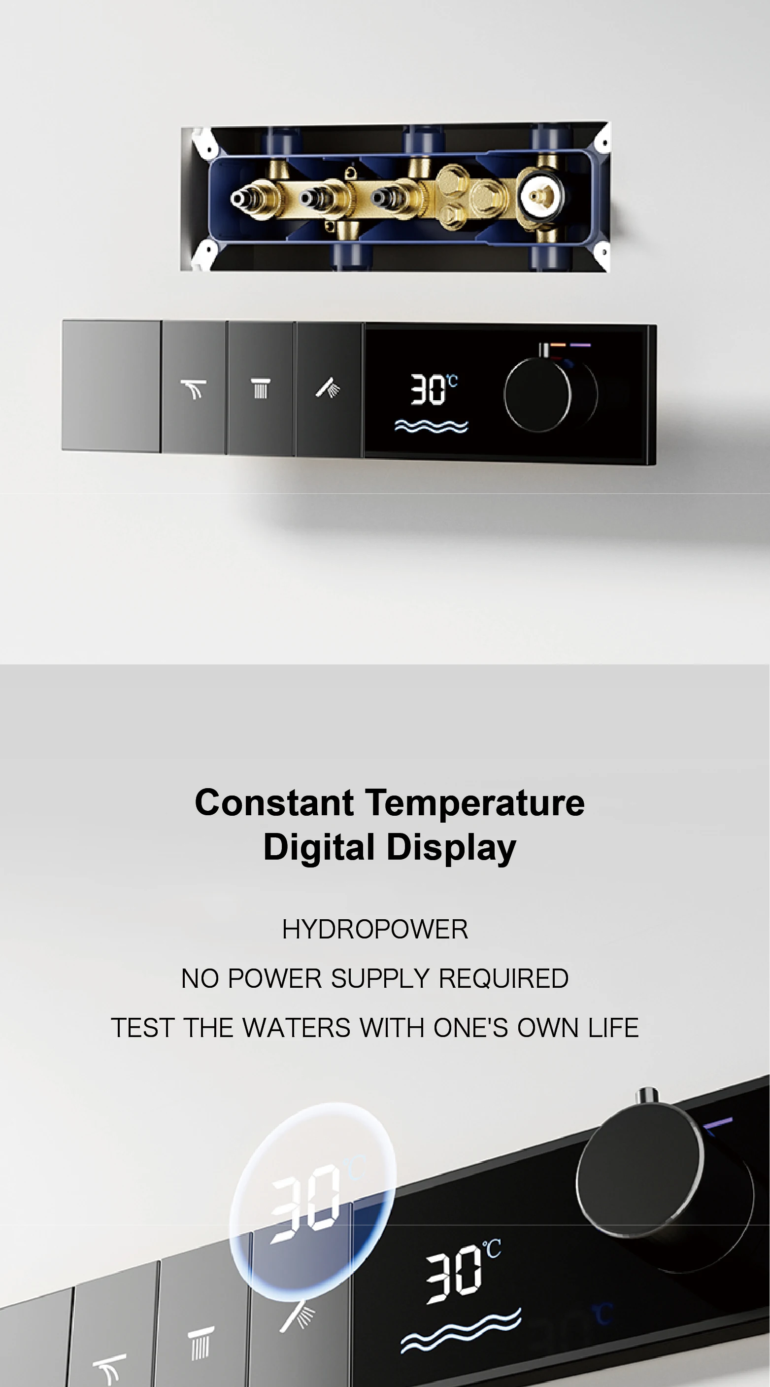 Luksuriøst dusjsystem i gunmetal messing, termostat, LED-display, regn- og hånddusj, veggmontert.