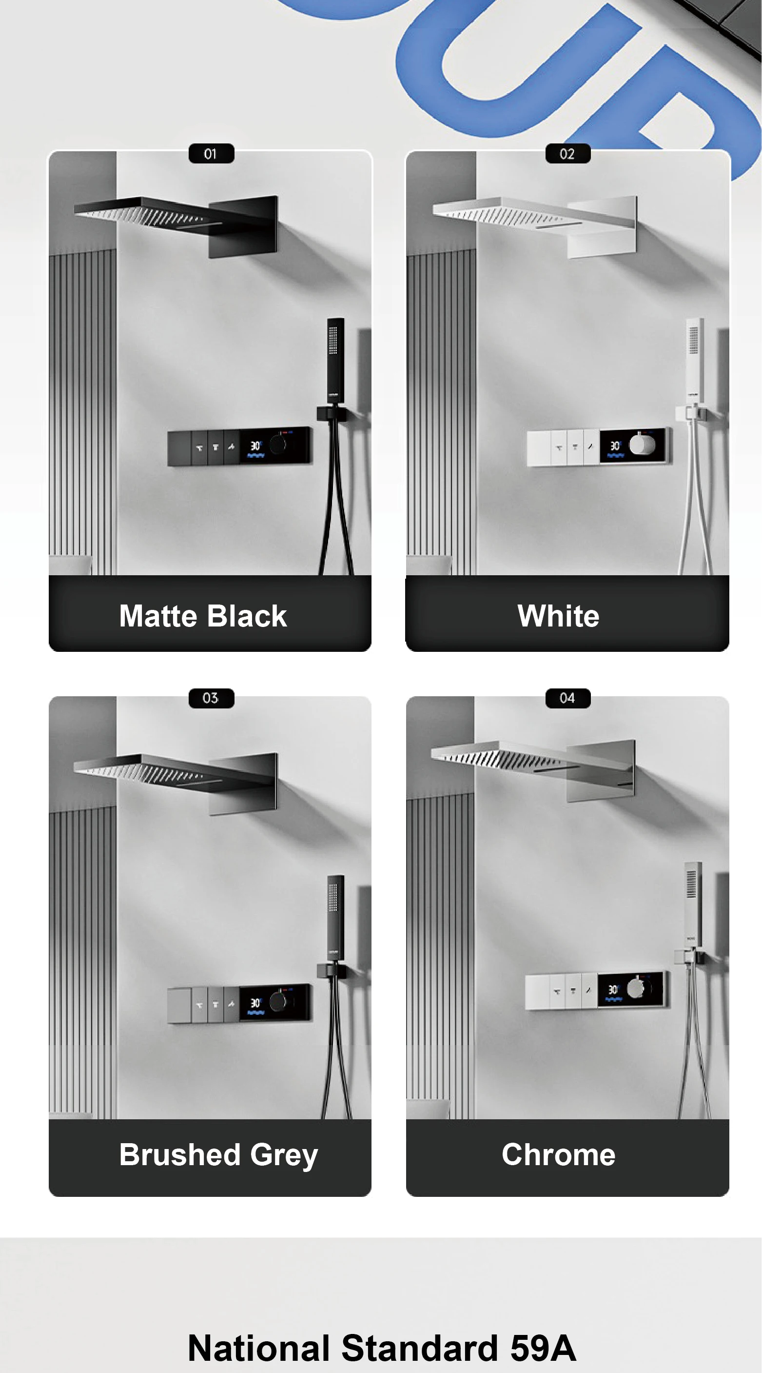 Luksuriøst dusjsystem i gunmetal messing, termostat, LED-display, regn- og hånddusj, veggmontert.