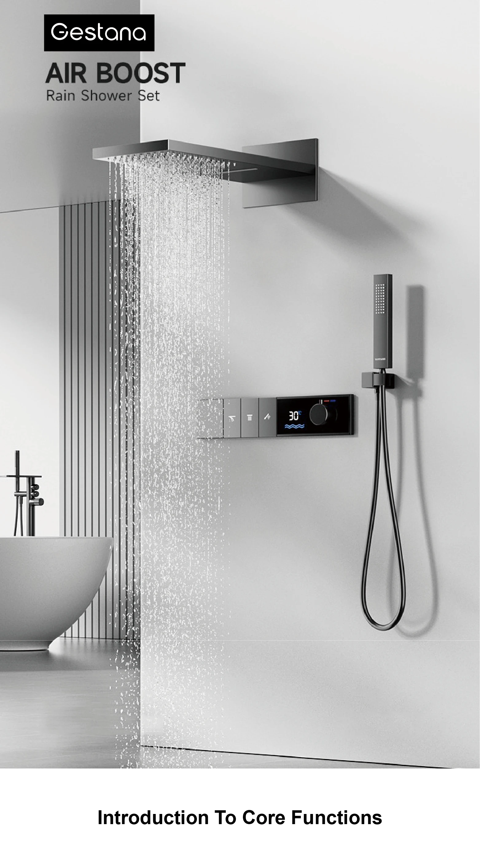 Luksuriøst dusjsystem i gunmetal messing, termostat, LED-display, regn- og hånddusj, veggmontert.