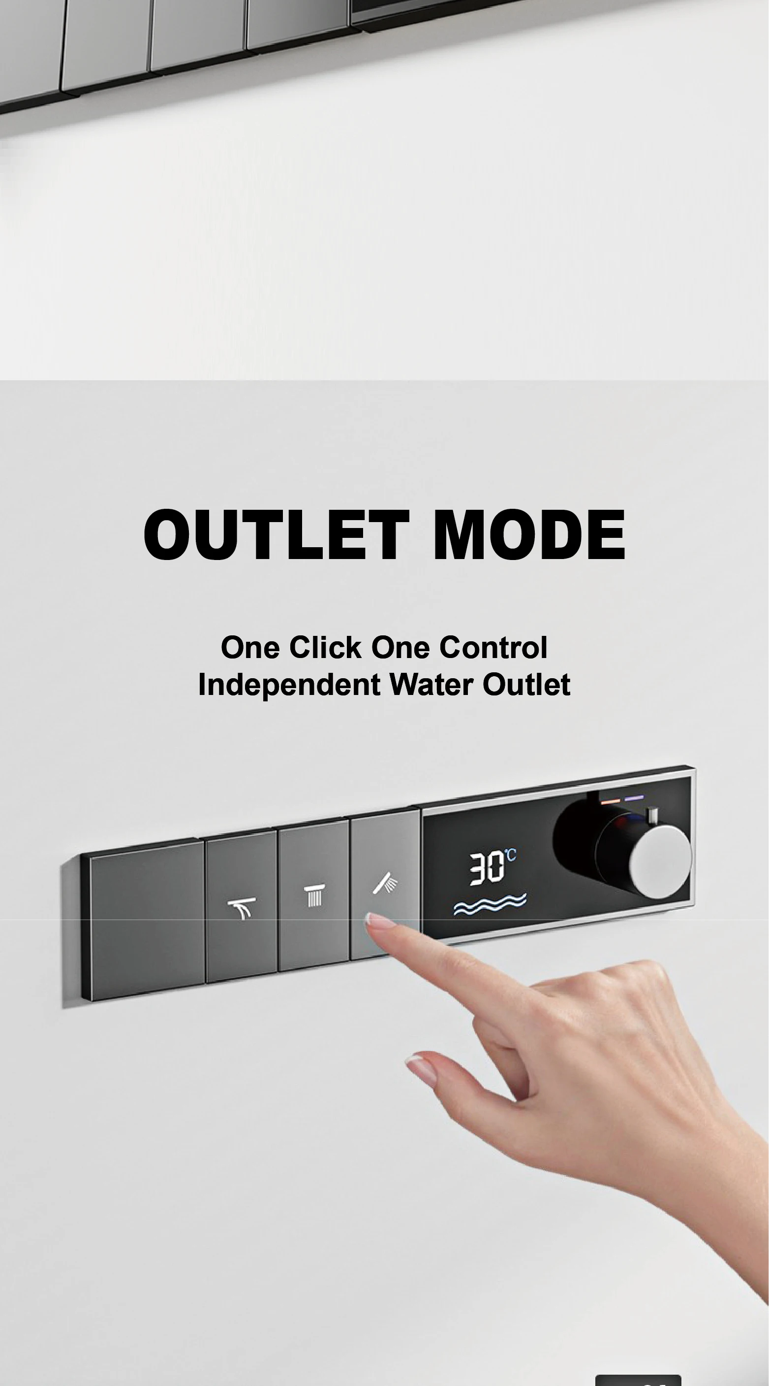 Luksuriøst dusjsystem i gunmetal messing, termostat, LED-display, regn- og hånddusj, veggmontert.