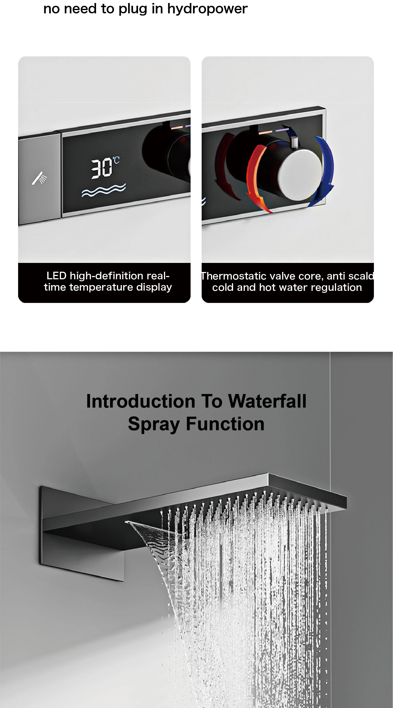 Luksuriøst dusjsystem i gunmetal messing, termostat, LED-display, regn- og hånddusj, veggmontert.