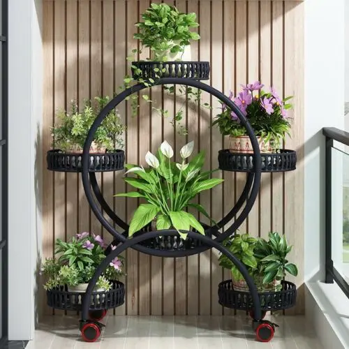 4-Lags Blomsterholder – Plantehylle med 6 Potter, 4-Hjul, Flyttbar Displayhylle for Balkong