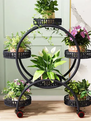 4-Lags Blomsterholder – Plantehylle med 6 Potter, 4-Hjul, Flyttbar Displayhylle for Balkong