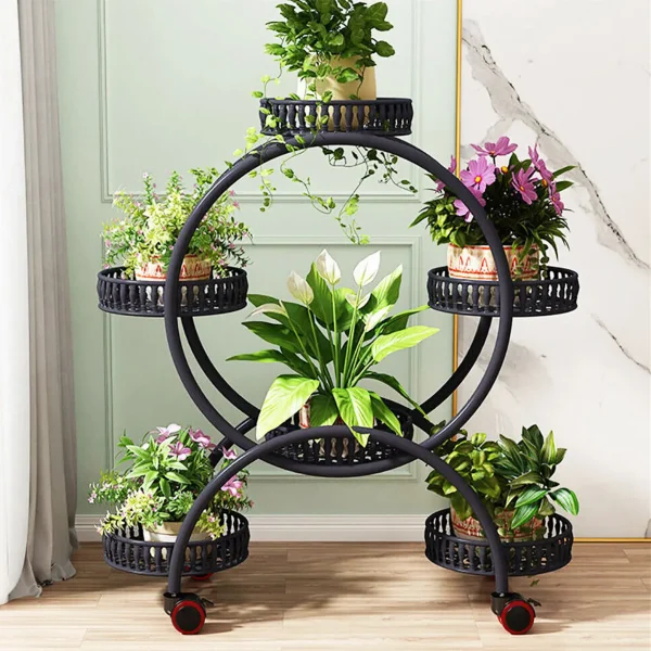 4-Lags Blomsterholder – Plantehylle med 6 Potter, 4-Hjul, Flyttbar Displayhylle for Balkong