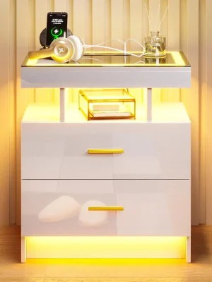LED Bedside Table with Wireless Charging Station,  Smart Nightstand Glass Top,  High Gloss Sofa Side End Table