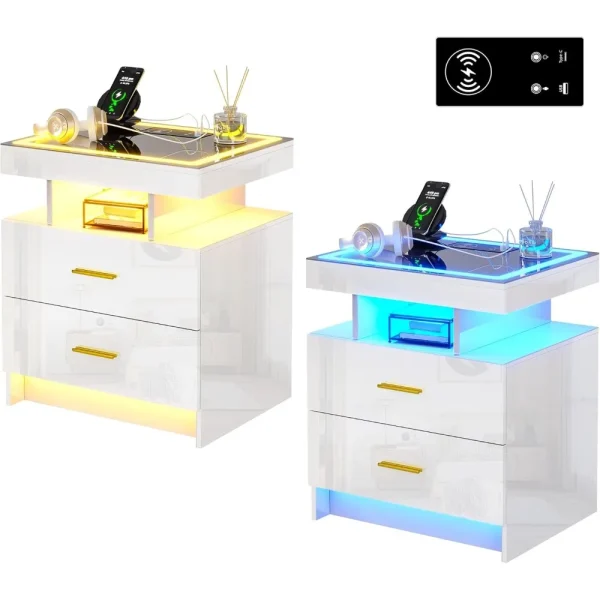 LED Bedside Table with Wireless Charging Station, Smart Nightstand Glass Top, High Gloss Sofa Side End Table