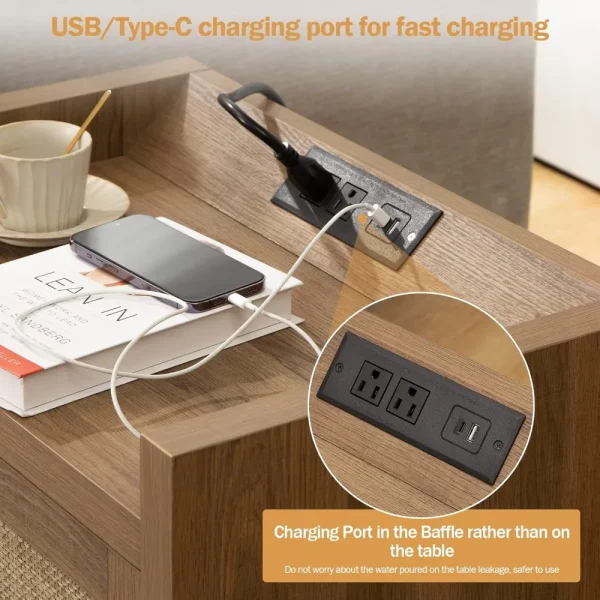 Rattan Nightstand End Table - Night Stand Bedside Table with Type-C Charging Station, Boho Night Stands for Bedroom