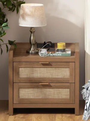 Rattan Nightstand End Table - Night Stand Bedside Table with Type-C Charging Station,  Boho Night Stands for Bedroom