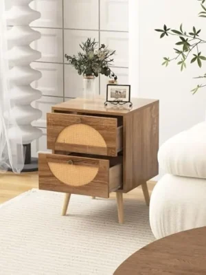 Rattan Bedside Tables Set of 2,  with 2 Storage Drawers,  for Small Space,  Bedroom and Living Room