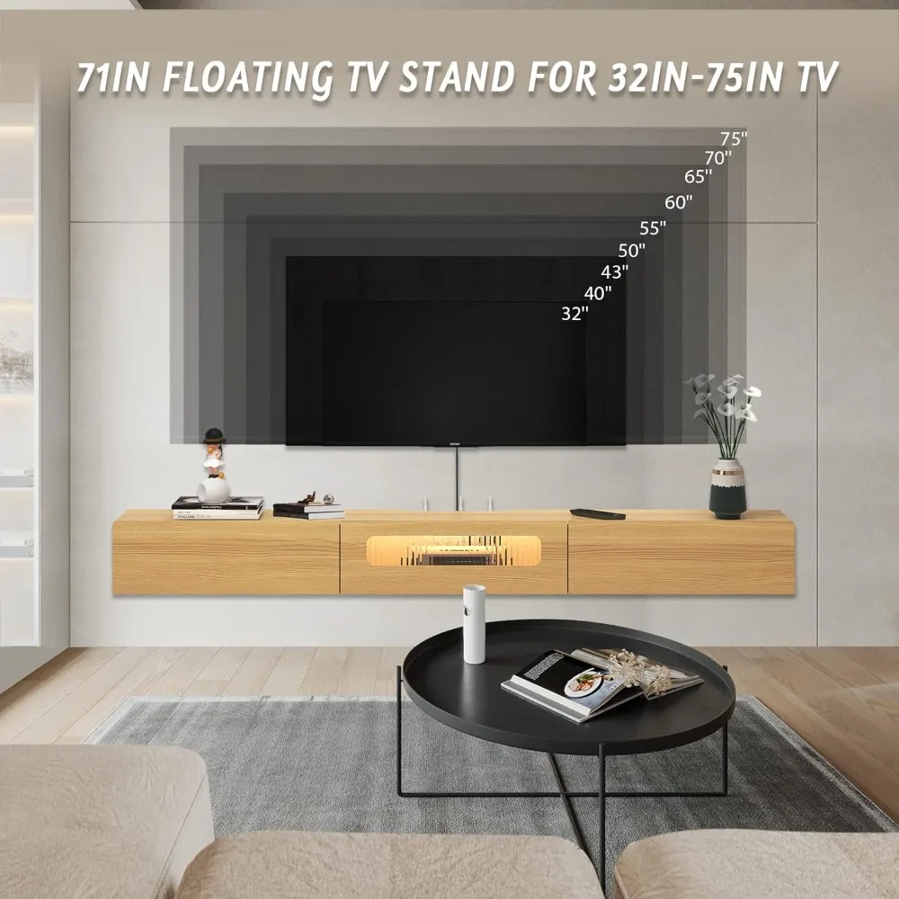 Floating TV Stand with LED Lights ,Wooden Entertainment Media Console Center Large Storage Shelf Under TV