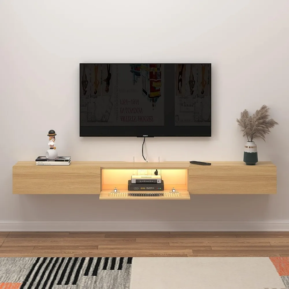 Floating TV Stand with LED Lights ,Wooden Entertainment Media Console Center Large Storage Shelf Under TV