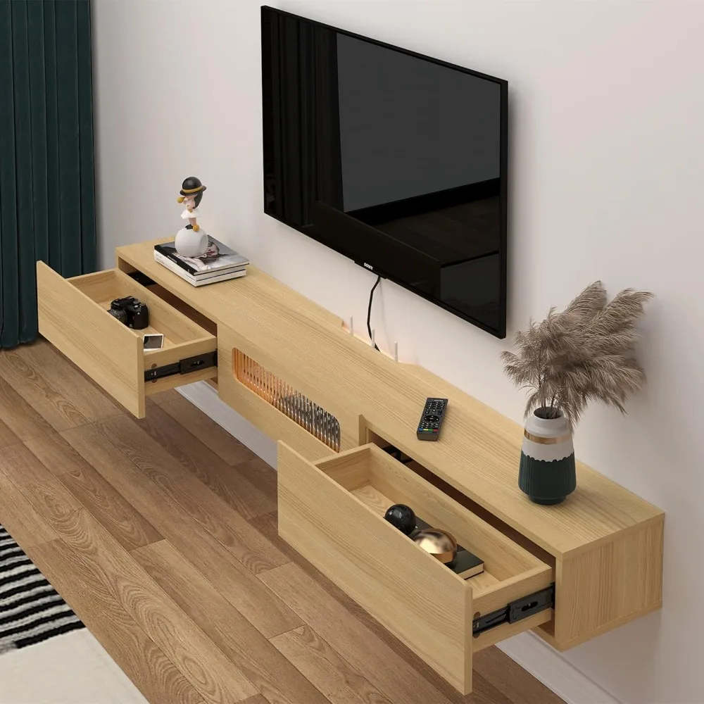 Floating TV Stand with LED Lights ,Wooden Entertainment Media Console Center Large Storage Shelf Under TV